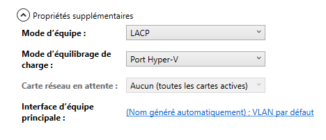 Configuration avancées des propriétées de k'équipe NIC